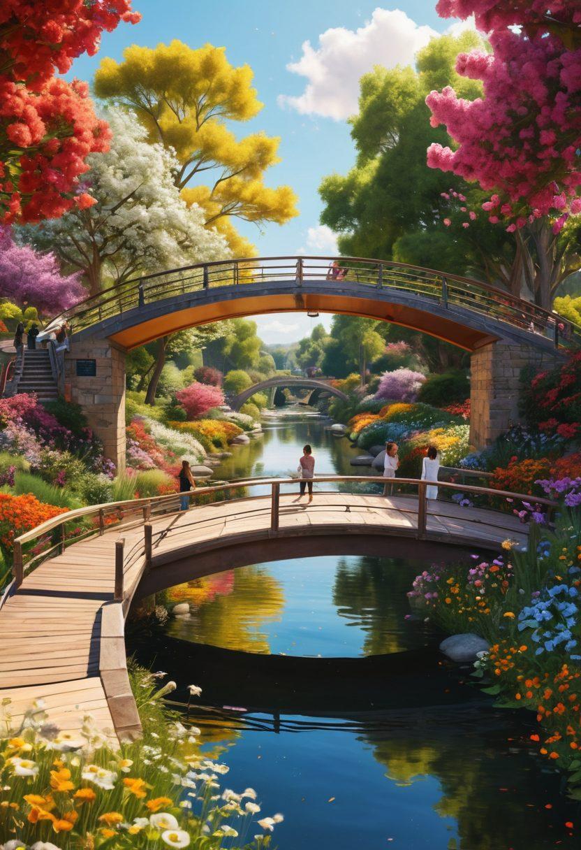A lush landscape featuring a beautifully designed bridge connecting two vibrant communities. On one side, a group of diverse individuals communicating passionately in sign language, surrounded by blooming flowers representing love and connection. The other side showcases art and culture from the Deaf community, with elements like music notes and colorful hearts blending seamlessly. Warm sunlight bathes the scene, symbolizing warmth and unity. vibrant colors. super-realistic.