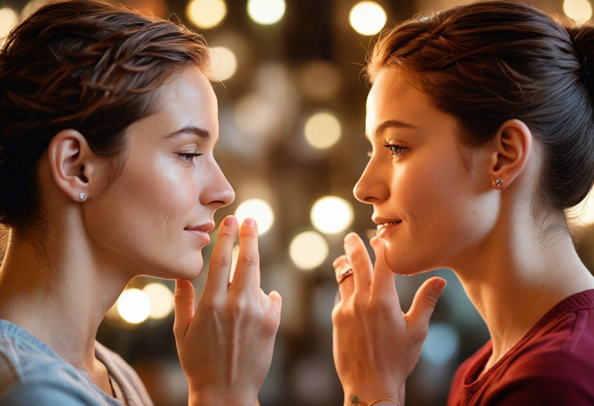 A close-up of two deaf individuals engaged in a warm, intimate moment, sharing an expressive conversation through sign language. Their faces radiate understanding and connection, surrounded by heartwarming symbols of love like intertwined hands and hearts made of light. The background is softly blurred, emphasizing their bond. The scene is vibrant and filled with emotional warmth. super-realistic. vibrant colors.