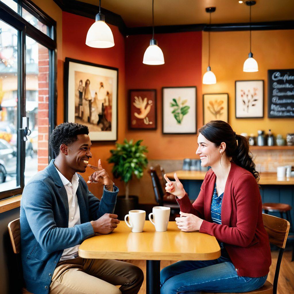 A warm and inviting scene depicting a couple in a cozy coffee shop, engaged in conversation with expressive hand gestures and smiles, surrounded by sign language symbols subtly incorporated into the decor. The atmosphere reflects vibrancy and connection, with soft lighting creating an intimate ambiance. Include diverse elements representing different cultures within the deaf community. painting. warm colors. soft focus.